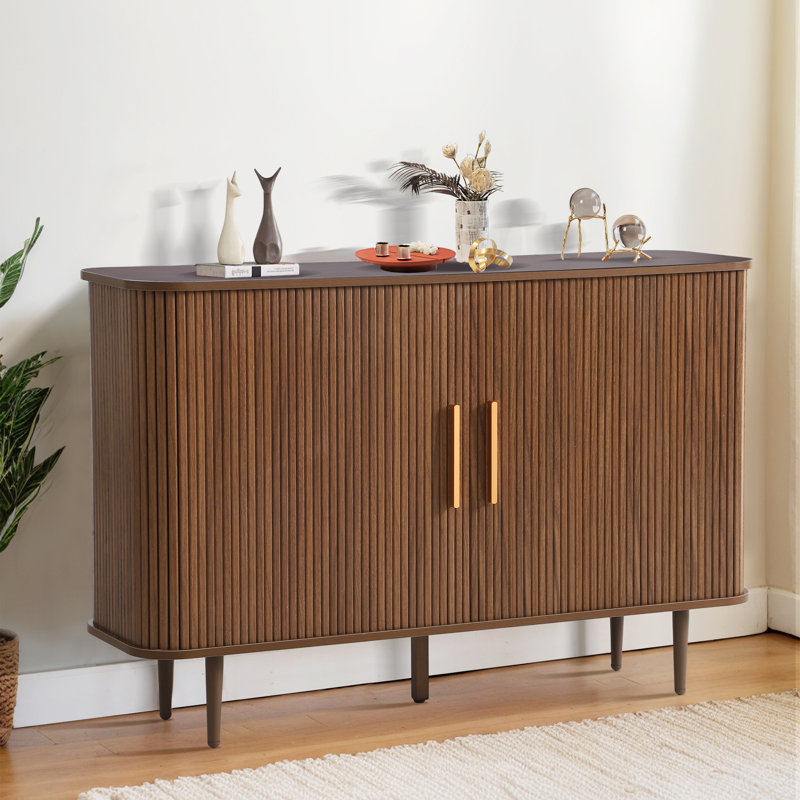Brown Oak Grain 47" Sideboard Buffet Cabinet with Fluted Sliding Doors