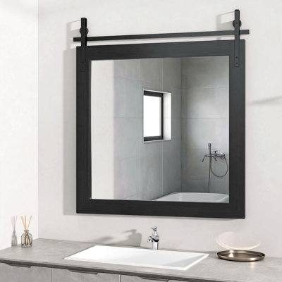 Miroir de salle de bain Farmhouse, miroir mural en bois rustique de 31 po x 31 po, miroir de coiffeuse rétro noir