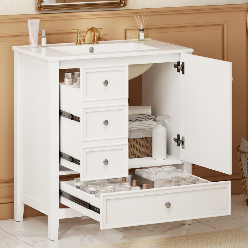  Meuble-lavabo autoportant avec rangement à 4 tiroirs 30 po avec lavabo et 30 tiroirs, blanc, White