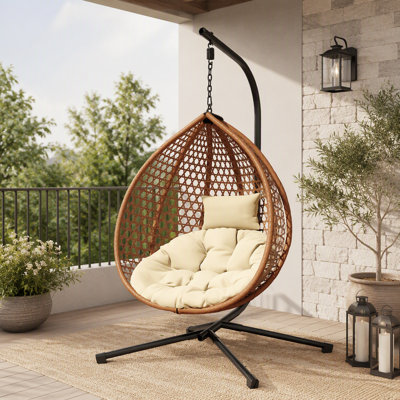 Fauteuil suspendu robuste avec support, fauteuil œuf suspendu durable en rotin tressé, balancelle confortable d'intérieur et d'extérieur avec coussin amovible moelleux, idéal pour un balcon, une chambre ou un jardin.