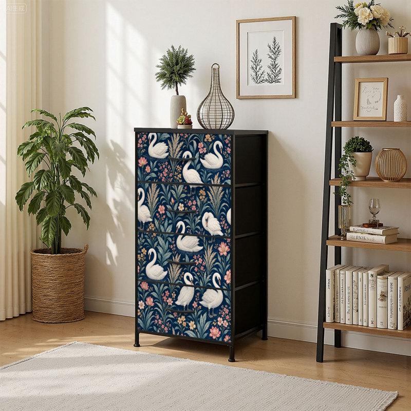 Commode de rangement verticale 4 tiroirs avec cygnes blancs élégants