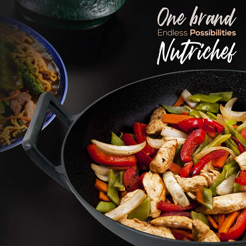 NutriChef Non-Stick Cast Iron Wok with Lid