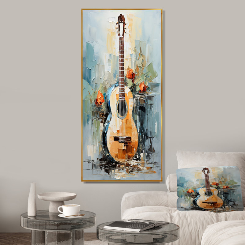 Guitare océanique Melody I - musique, art mural, Cadre flottant doré, H 32 po x l 16 po x P 1 po
