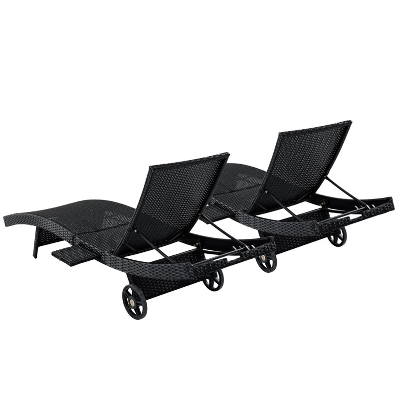 Patio Wicker Chaise Lounge Chairs , Outdoor Rattan Reclining Lounge Chair w/ Rolling Wheels & Pull-out Side Table,for Poolside, Deck, Set of 2