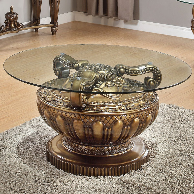 Hand-Carved Round Glass Top Coffee Table with Ornate Pedestal Base, Brown