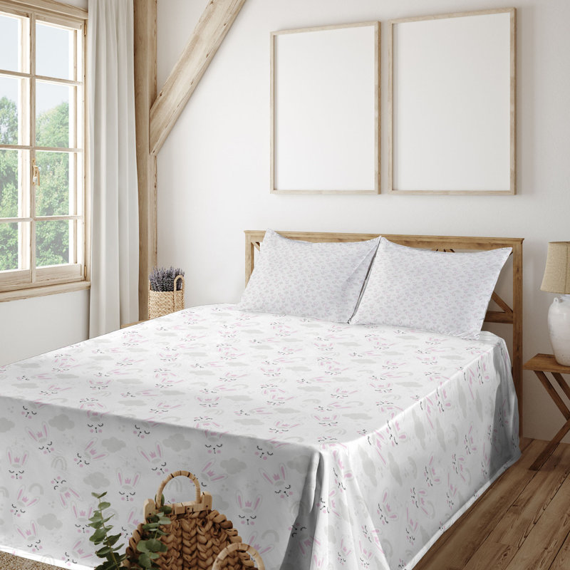 Ambesonne Grey Sheet Set Sleeping Bunny Faces Clouds Soft Pink White, Queen Sheet Set with 2 Pillowcases