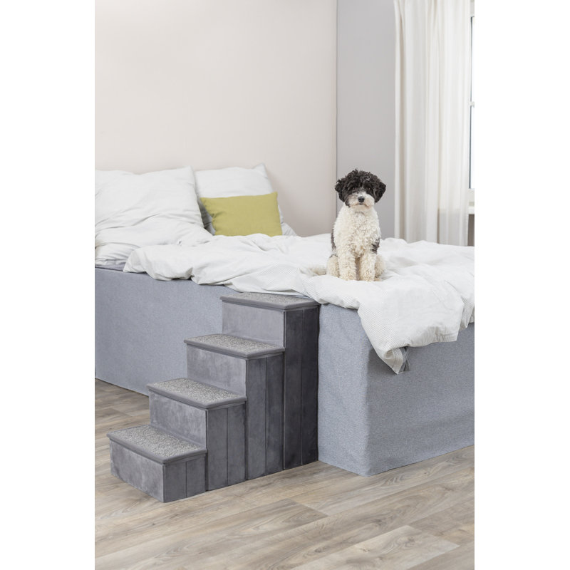 Gray Velour Foldable 4-Step Pet Stairs with Storage