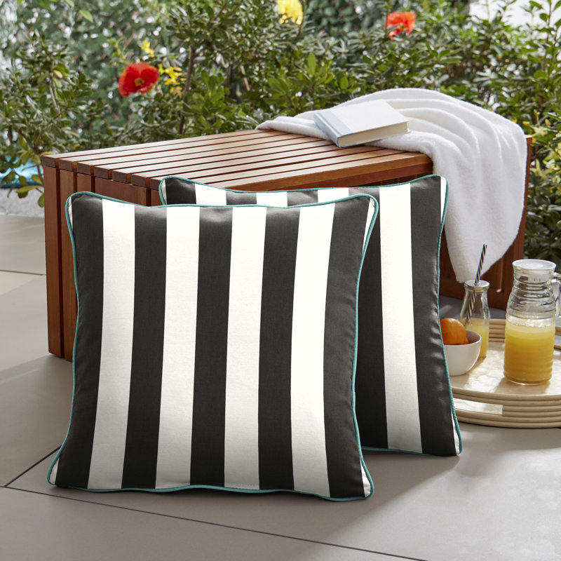 Hartford Sunbrella Striped Weather Resistant Pillow Cover & Insert, 18" x 18", Black Stripe/Light Teal