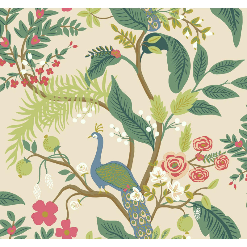 Peacock 27' x 27" Wallpaper Roll, Light Pink/Green
