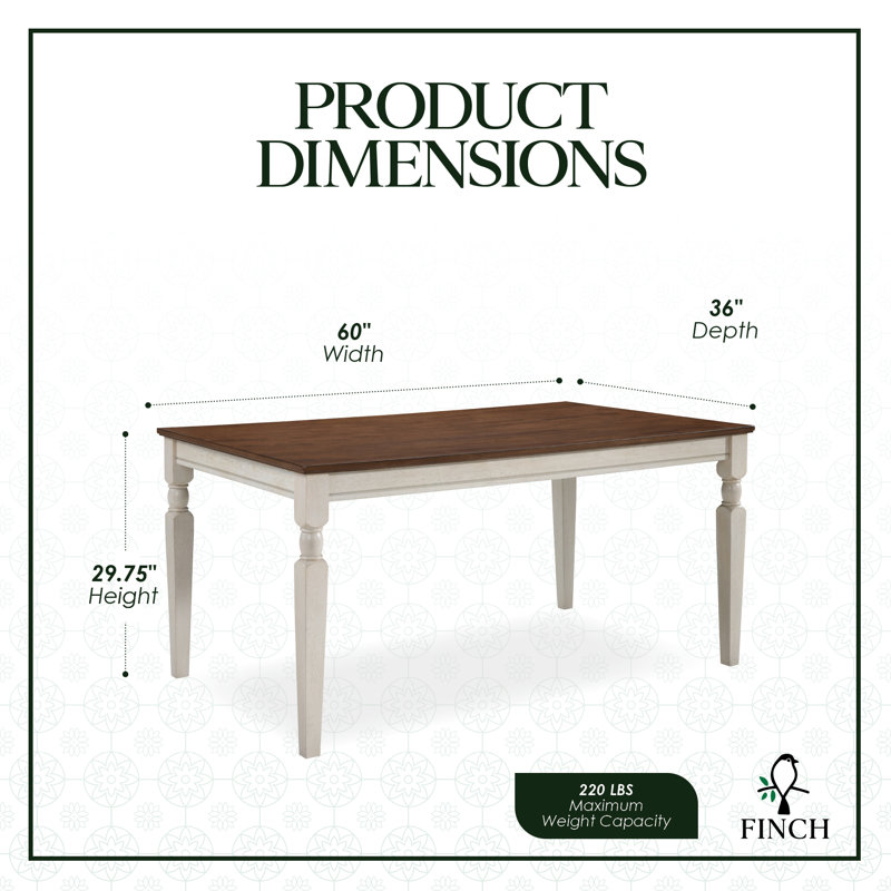 Finch Provence Mercie 60-Inch Farmhouse Dining Table with Two-Tone Finish and Turned Legs, White