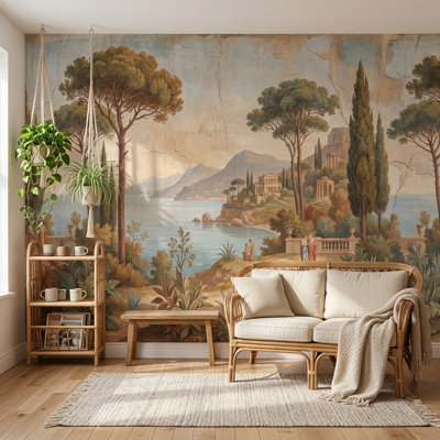 Mediterranean Wallpaper Classical Fresco Coastal Landscape Wall Mural