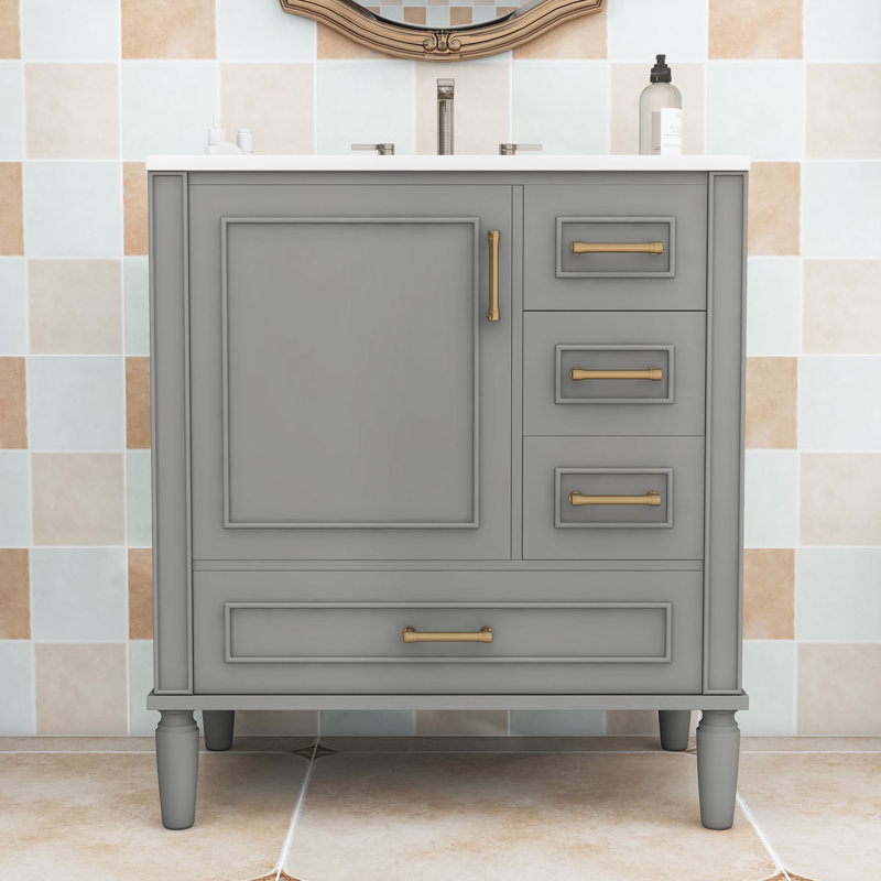 Meuble-lavabo en bois avec lavabo, 3 tiroirs et porte à fermeture en douceur, Gris