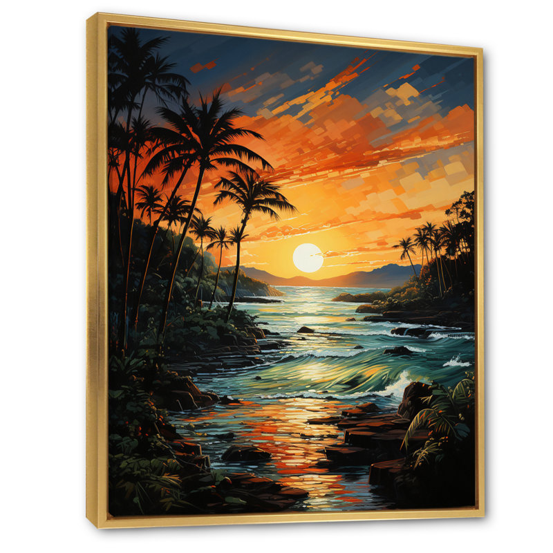 «Giolla Palm Trees Tropical Pointillism VII», reproduction sur toile, H 32 po x l 16 po x P 1 po, Cadre flottant doré