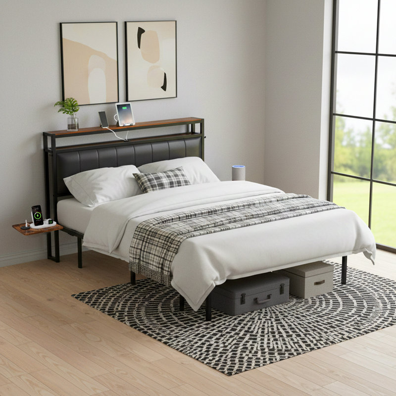 Aether Floating Double Bed Frame with Storage Headboard, Charging & LED Lights, Double