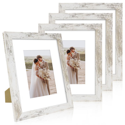 Ensemble de 8 cadres photo 8 x 10, cadre en verre véritable et bois, passe-partout 5 x 7, blanc vieilli, présentoir 5 x 7 avec passe-partout ou 8 x 10 sans passe-partout, présentoir mural et de table horizontal ou vertical
