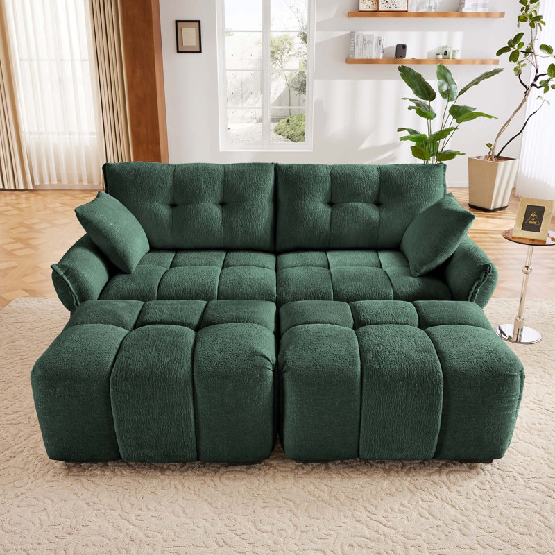 Canapé 2 places avec 2 repose-pieds et coussin décoratif, Vert