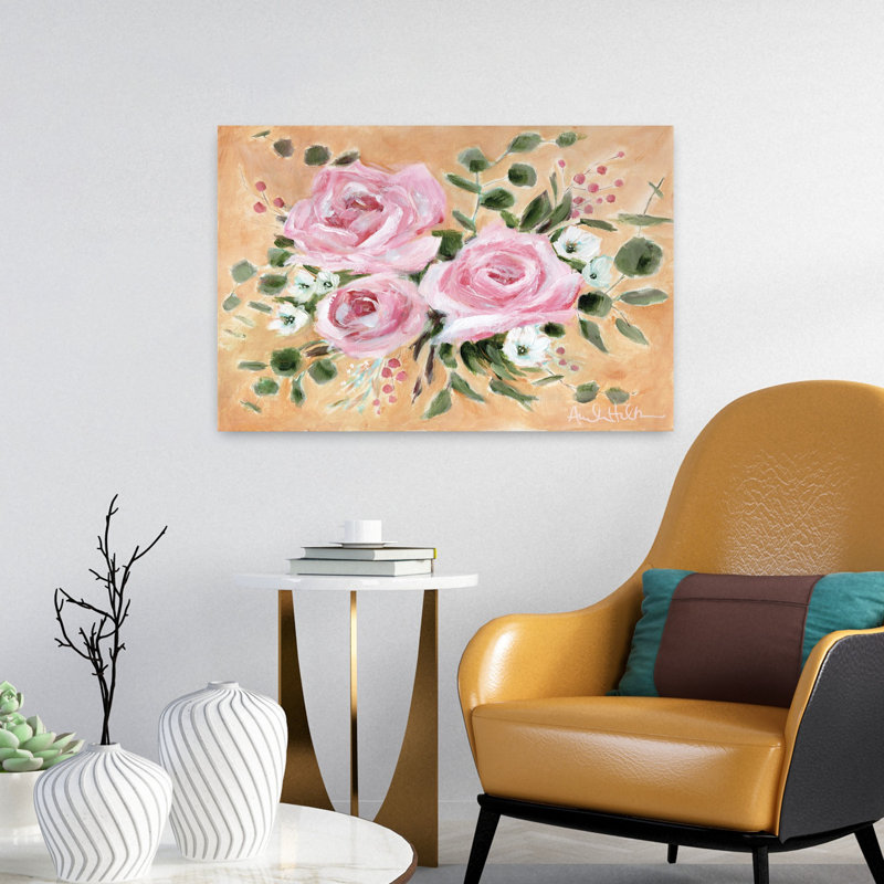 Soleil et roses, art floral contemporain d'été, H 16 po x l 24 po