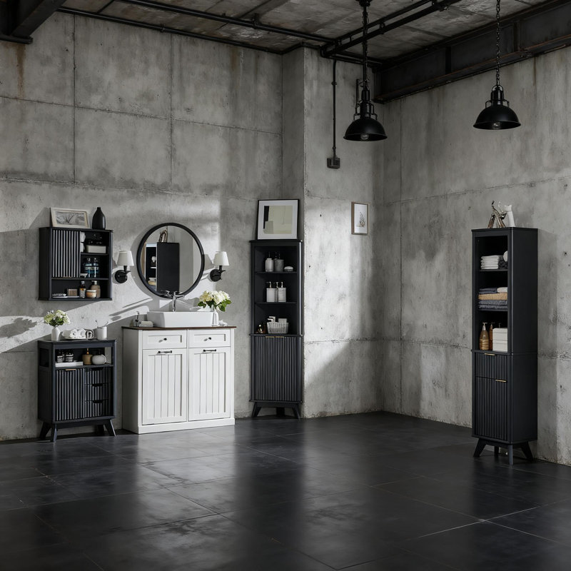 Armoire murale de salle de bain moderne à porte coulissante cannelée avec plateau en faux marbre, tablette réglable et rangement mural incurvé