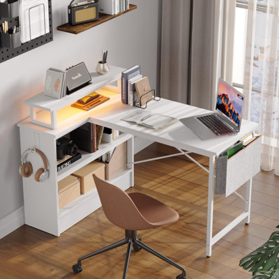 L Shaped Gaming Desk With LED Lights,Computer Desk With Monitor Stand & Open Storage Cabinet,Writing Study Corner Desk, (Black 3D Carbon Fiber/42 Inch by Ivy Bronx