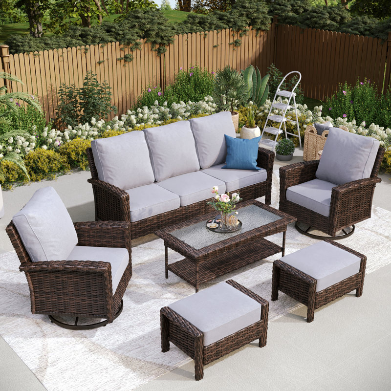 Nadilee Premium All-Weather Wicker - Person Patio Conversation Set with Cushions, Yes, Light Gray