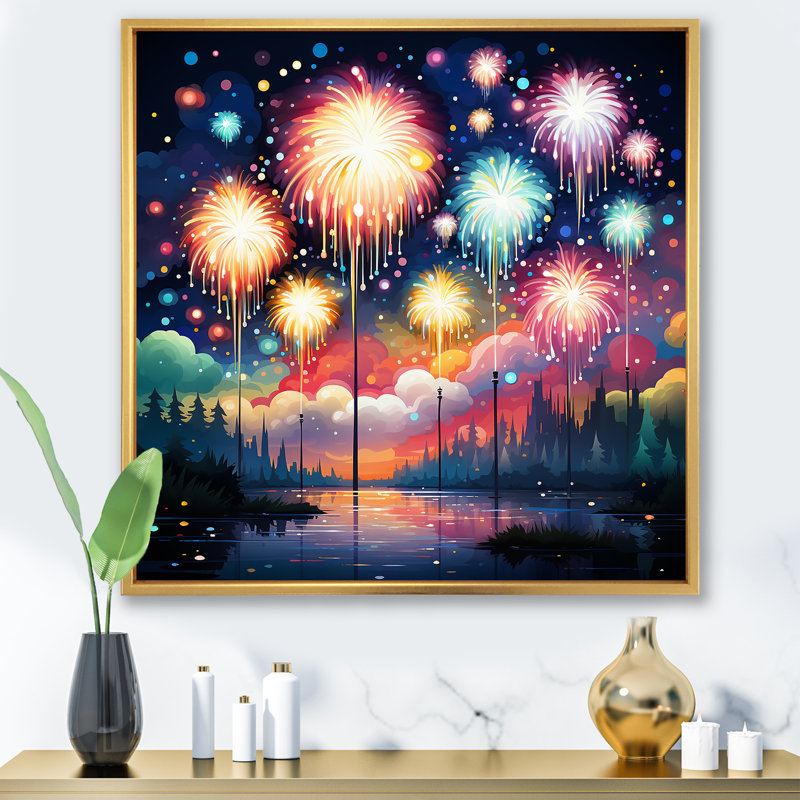 Feux d'artifice bleus et roses au bord du lac - Art mural, Cadre flottant doré, H 30 po x l 30 po x P 1,5 po