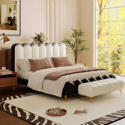 Lit tapissier courbé en cuir, cadre de lit plateforme très grand noir et beige avec support en lattes de bois, aucun sommier requis, assemblage facile