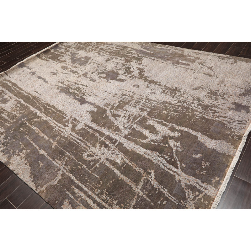 Tapis gris noué à la main de conception unique 8 pi x 10 pi