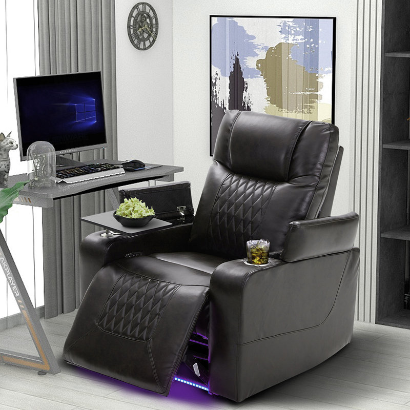 Fauteuil inclinable Power Motion avec port de charge USB et rangement à bras cachés, 2 porte-gobelets pratiques et plateau pivotant à 360 °, noir