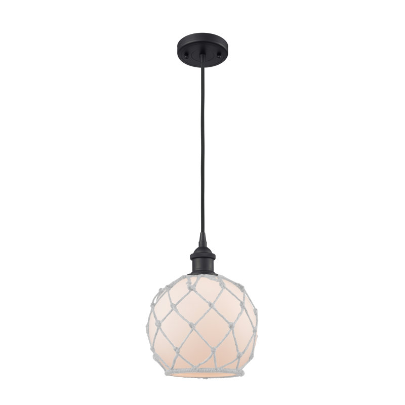 Luminaire suspendu en forme de globe à 1 lumière avec accents en corde Tobey, H 10 pi x l 8 po x P 8 po, Blanc et blanc