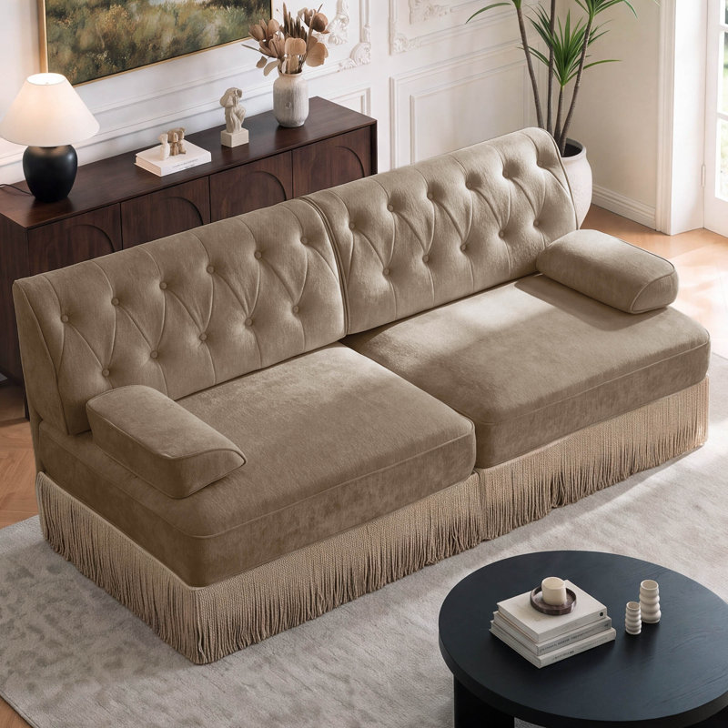 Canapé Chesterfield 76,6 po en velours avec jupe à franges, Velours brun clair, 2