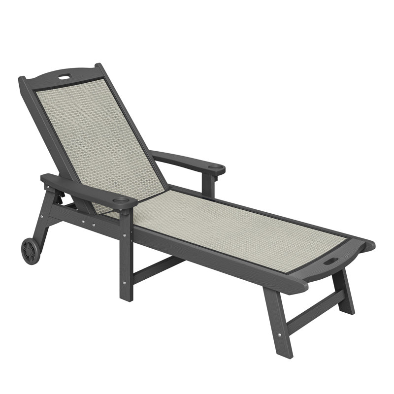 Plastic And Textilene Adjustable Patio Outdoor Chaise Lounge Chairs With Wheel Adjustable Textilene Recliner, Gray