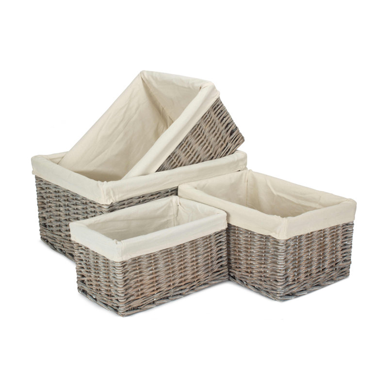 4 Piece Wicker Willow Storage Basket Set with Lining, Grey Wash/White Lining