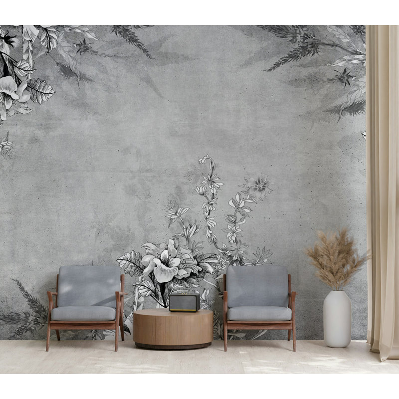 Papier peint floral gris avec aquarelle, L 75 po x l 112 po