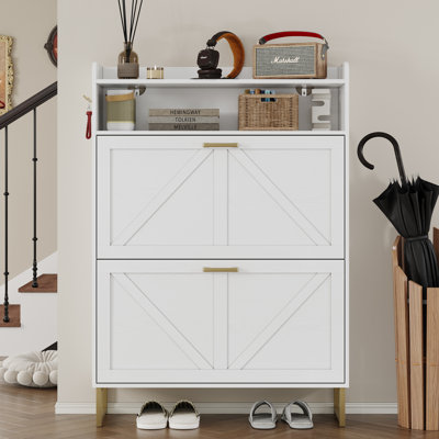 20-Pair Shoe Storage Cabinet with 2 Flip-Down Drawers, 2 Shelves & Adjustable Shelves, Side Hooks
