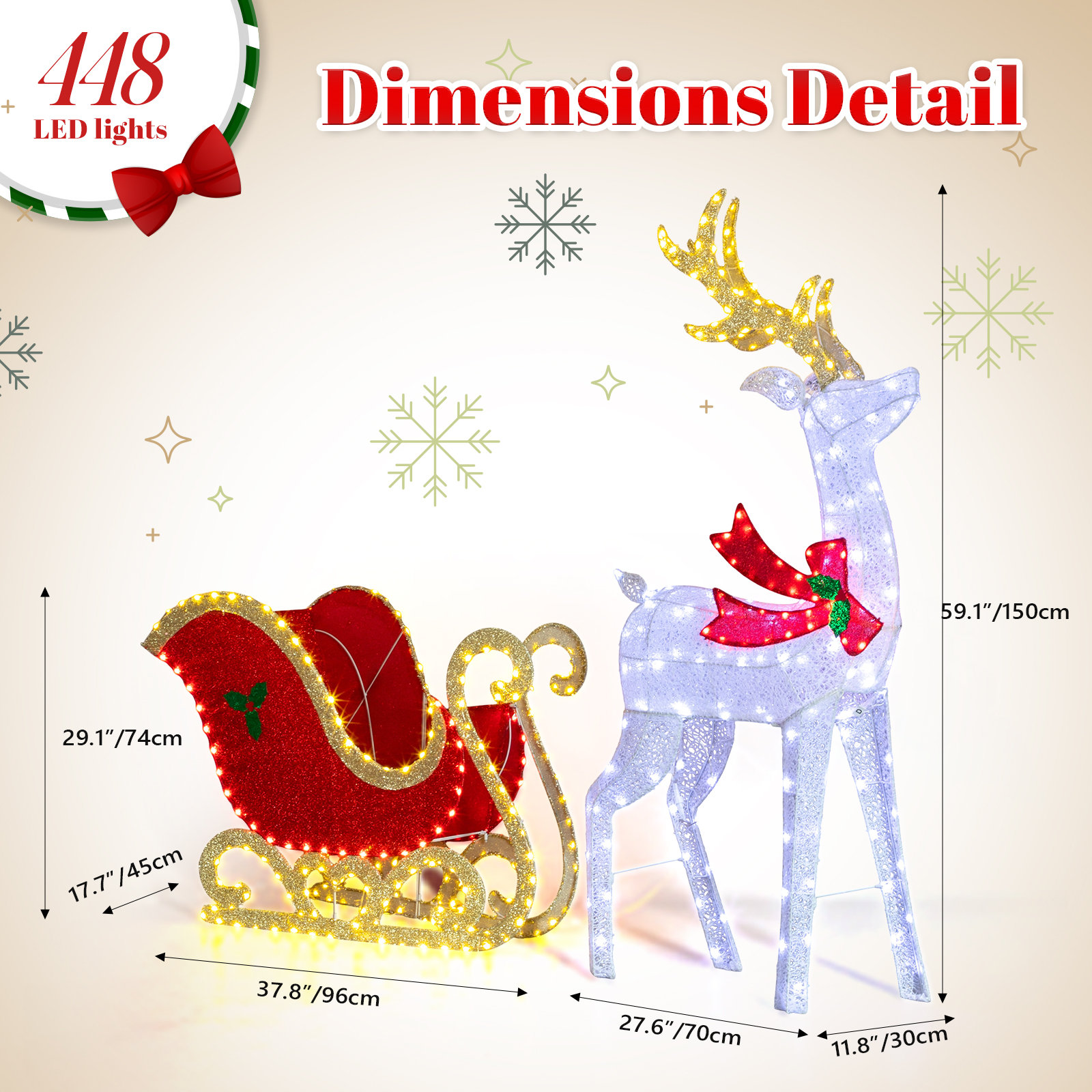 5' Lighted Reindeer with Sleigh Set