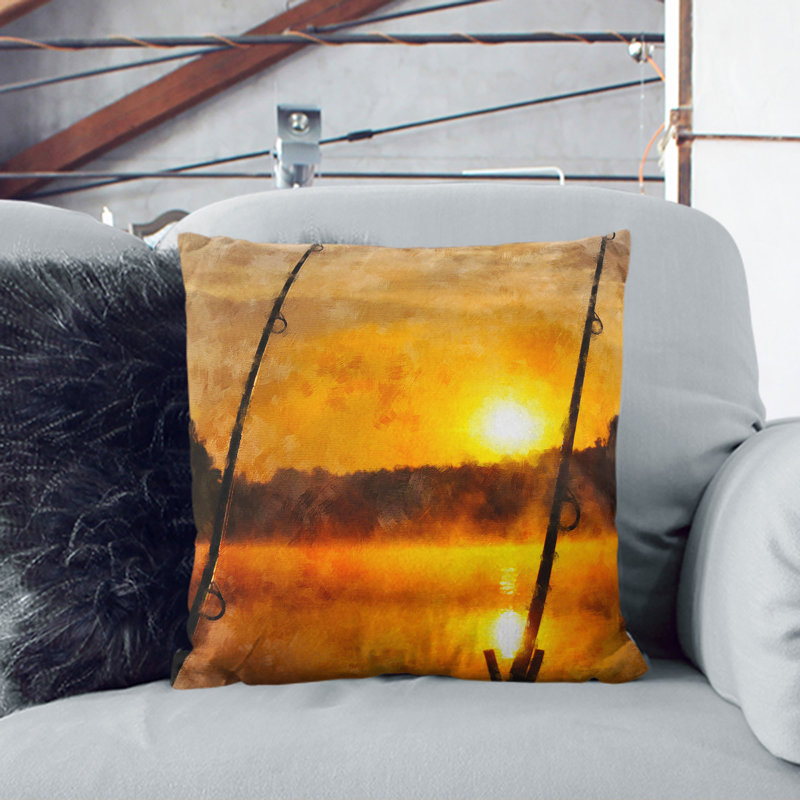 Fishing Rods And Lake Square Throw Cushion, 55cm H x 55cm W x 20cm D
