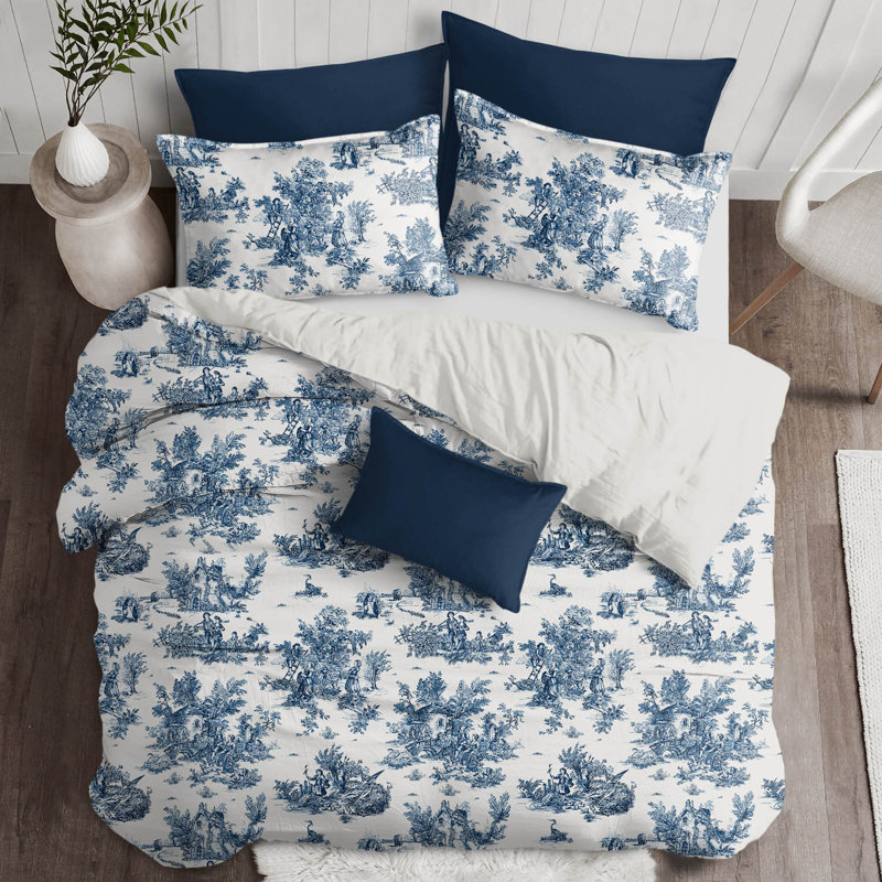 Toile De Jouy Standard Cotton Duvet Cover Set, Blue, King Duvet Cover + 2 Shams