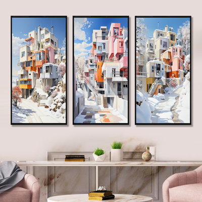 De Stijl, ville moderne en hiver - neige, ensemble de 3 reproductions d'art mural