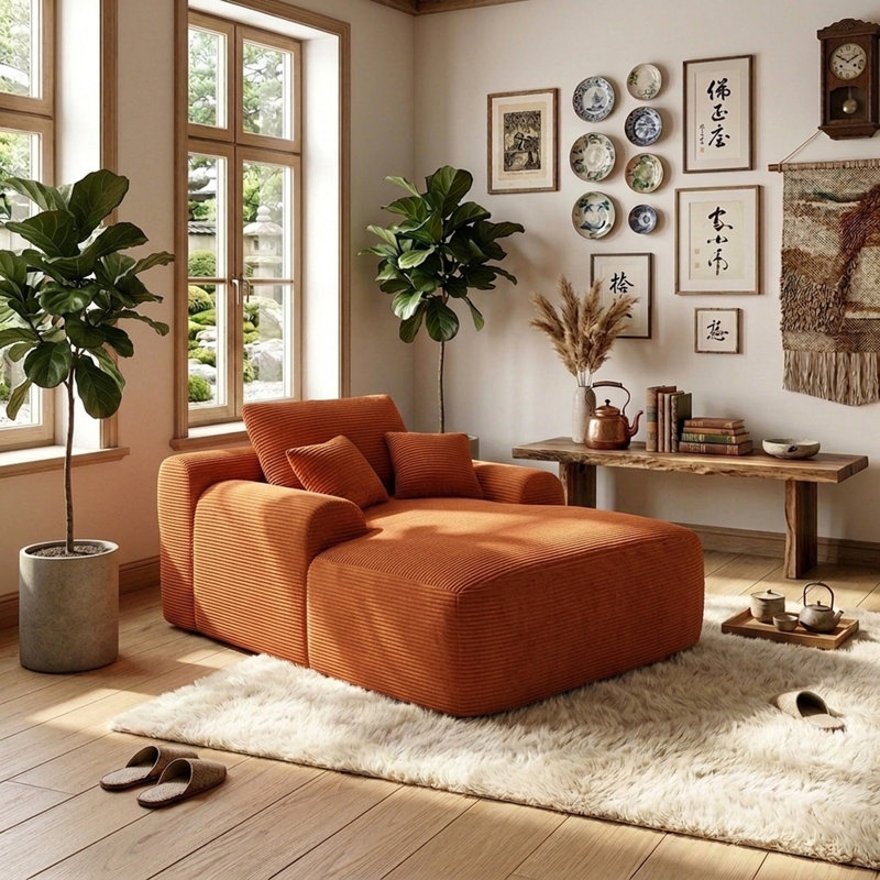 Méridienne intérieure en velours côtelé de 66 po avec coussins décoratifs Boneless de Boneless, Orange