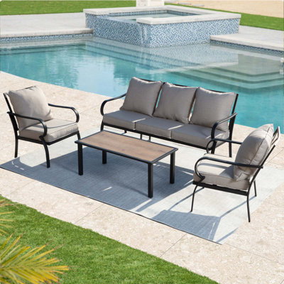 Ensemble de conversation pour patio 5 personnes avec coussins - canapé 3 places, 2 chaises berçantes et table basse, ensemble de conversation en métal toutes saisons pour cour, jardin et balcon