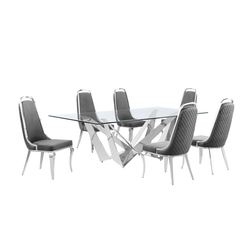 Khailee Glass Top Double Pedestal Dining Set, Dark Gray/Silver, 7, Silver