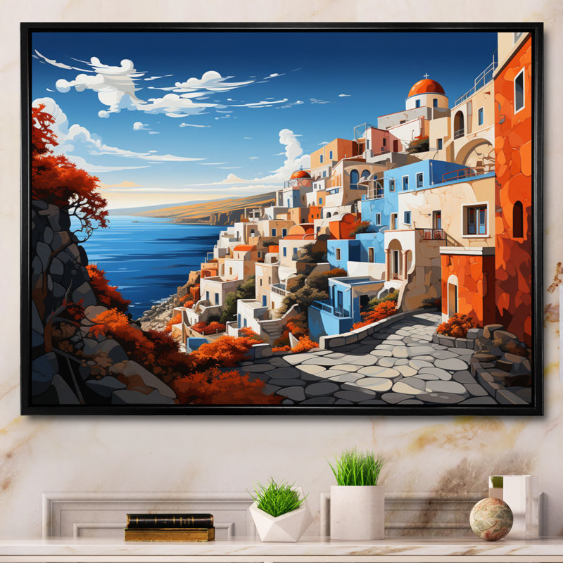 «Colorful Santorini Cityscape Popart III», reproduction d'art sur toile, Cadre flottant doré, H 12 po x l 20 po x P 1 po