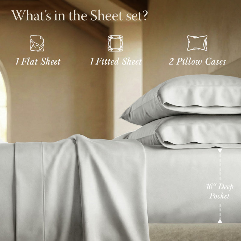 Threadmill 800 Thread Count 100% Cotton Sateen Sheet Set, California King Sheet Set with 2 Pillowcases, Light Gray Solid