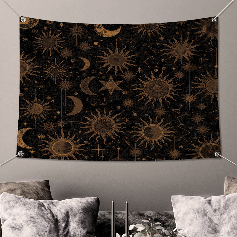 Celestial Sun Moon Pattern Wall Tapestry - Astrology Wall Decor, 68in H x80in W with 4 Grommets