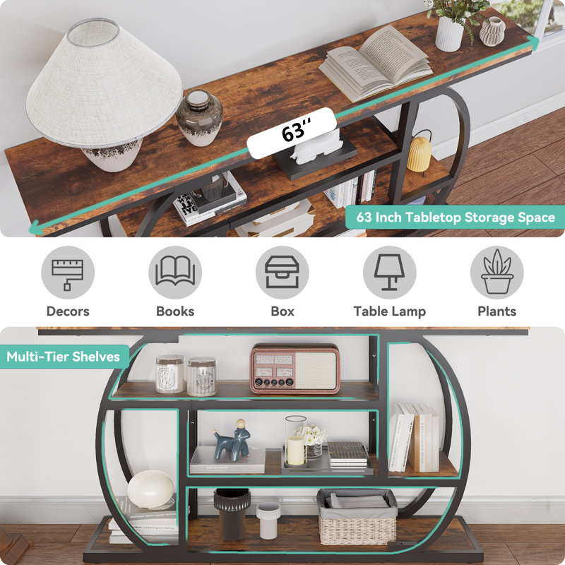 63 Inch Long Console Table Industrial Sofa Table Behind Couch Narrow Entryway Tables Living-Room Hallway Foyer Accent Table 4 Tier Display Shelves Metal Frame
