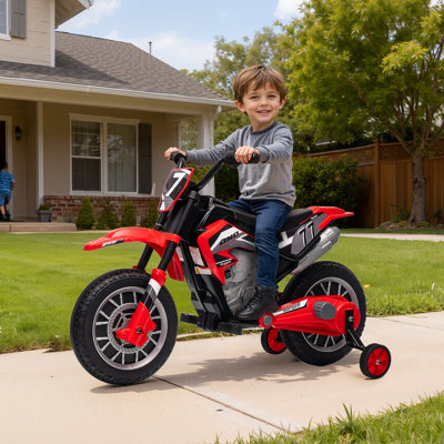 Motocyclette pour enfants de 12 à 8 ans de Mukidy avec pneus EVA sur roulettes, vélo électrique pour enfants de 3 à 8 ans, jouet de Noël à piles pour enfants, avec roues d'entraînement à la sécurité, suspension à ressort - rouge