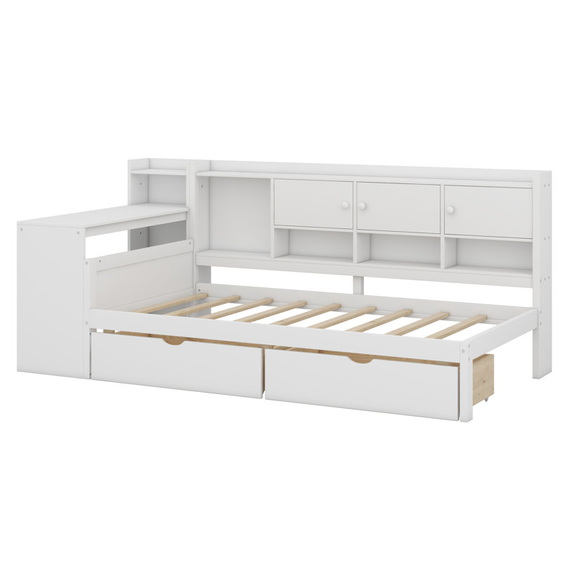 Wooden L-Shape Daybed With Storage Cabinets And Two Storage Drawers, Multi-Functional Bed With Study Desk And Built-In Bookshelf