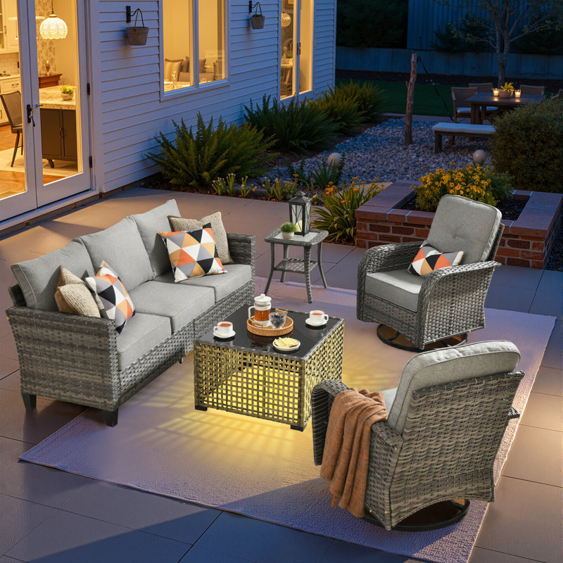 5 Piece Outdoor Wicker Swivel Rocking Chairs With Solar Powered Coffee Table, All Weather High Back Sofa Set, Patio Furniture Set With Cushions