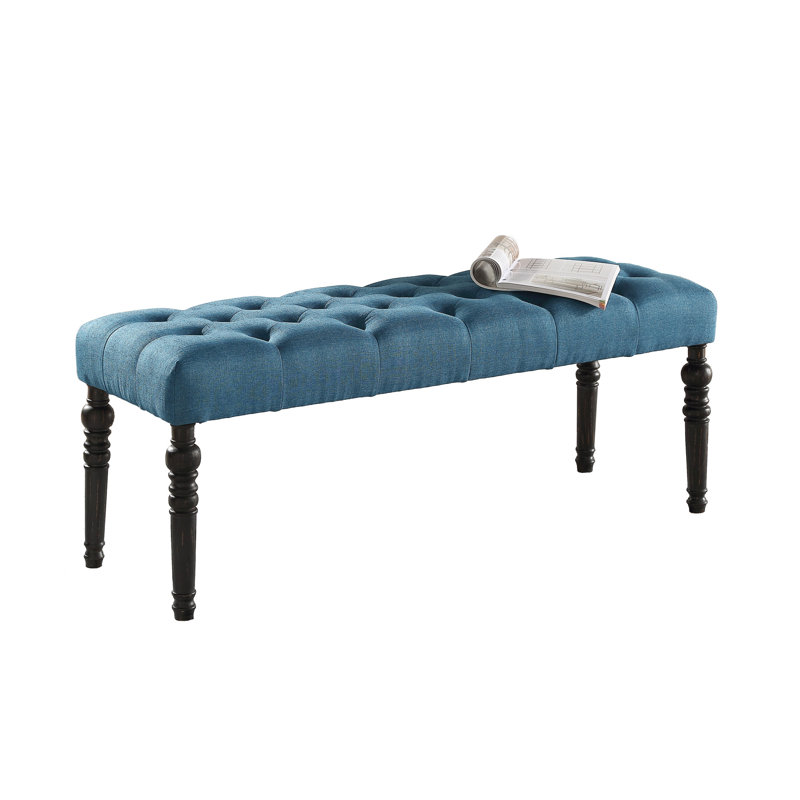 Fabric Bench In Blue Hue - Solid Wood Frame & Turned Legs, 48"W X 16"D 19.5"H Leg Dining Table , Wood, 48W 16D 19.5H, Blue