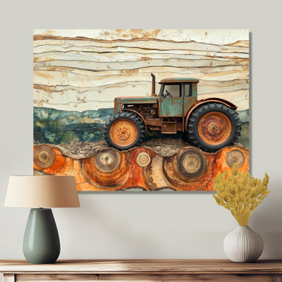 Farm With Tractor Landscape On A Top Of Orange - Farm Wall Art